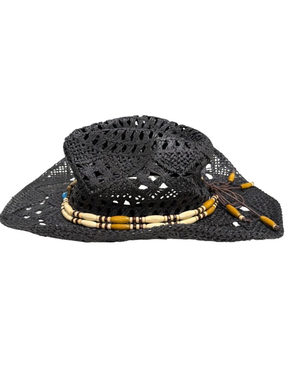 Black Woven Straw Cowboy Hat With Beaded Band & Turquoise Stone Accent - Picture 5 of 9